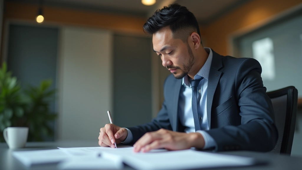 Accountant analyzing financial statements with multiple documents and calculator on desk
