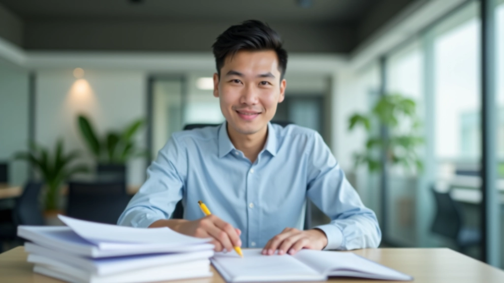 Professional accountant working with financial records and ledger books in modern office