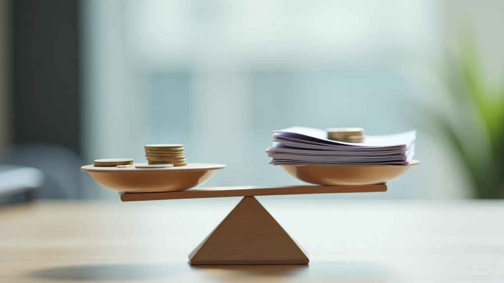 Balanced scales representing accounting equilibrium with financial symbols and numbers