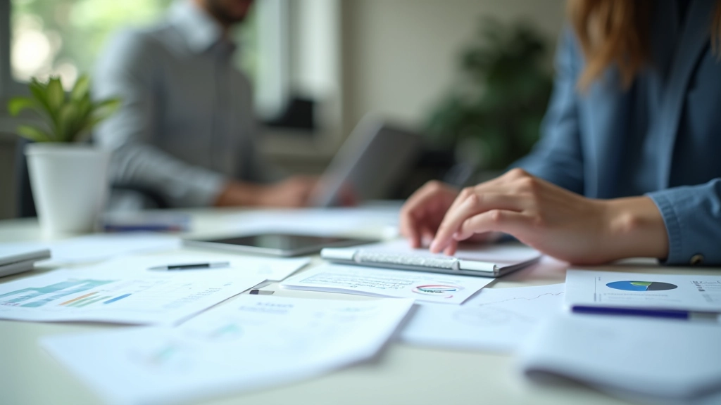 Organized business assets including cash register, inventory, office equipment, and financial documents on workspace