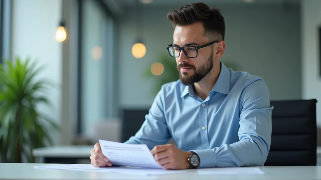 Business owner reviewing accounting records and balance sheet at modern office workspace