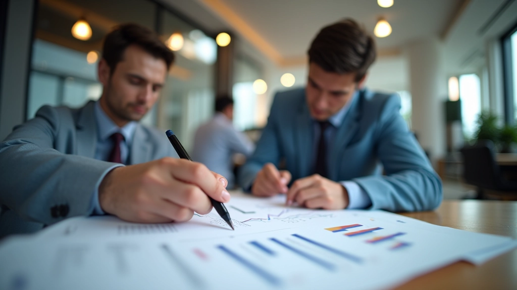 Team of professionals collaborating on financial planning and accounting analysis in modern office environment