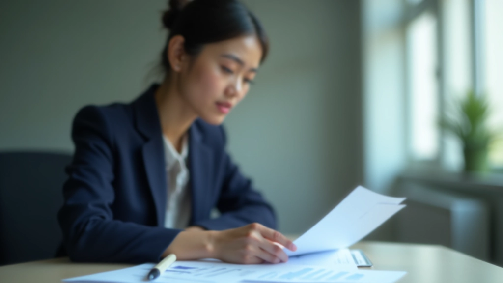 Woman working at desk reviewing financial statements and income statement documents